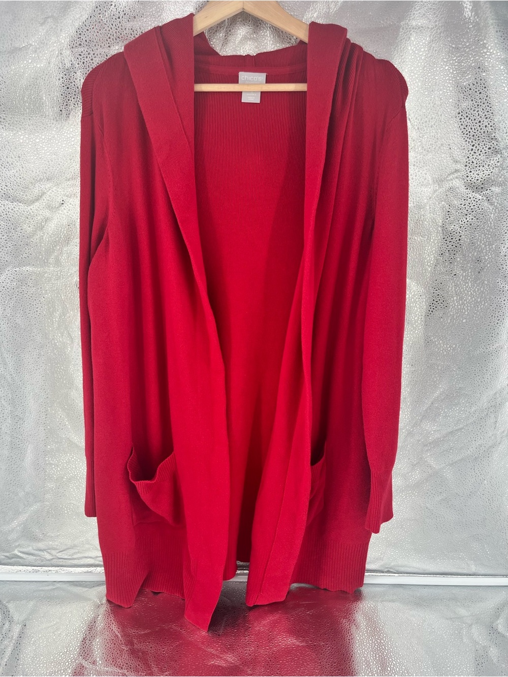Chico's Zenergy 1 Red Ribbed Cashmere blend Open-Front Hooded Cardigan Pockets M